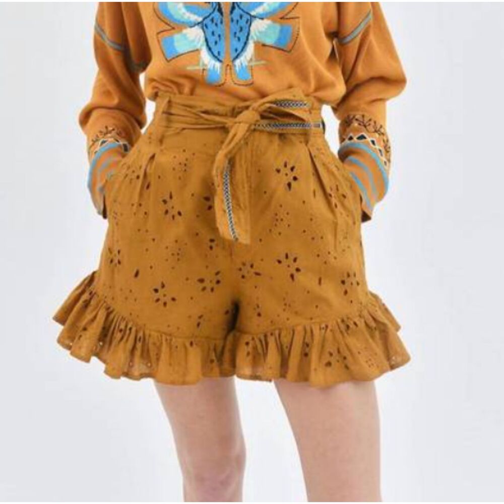 NWT Chufy Teos Organic‎ Cotton Shorts Eyelet Ruffle Mustard Yellow Size Small